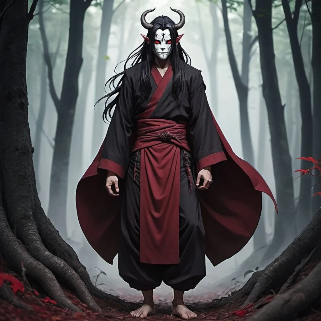 Prompt: Male  demon  monk with long black hair anime-style art, full body art  style , manga art style ,in a spooky forest ,black trimmed Bordeaux  monk clothing , withred oni mask


