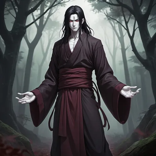 Prompt: male ghost monk bordeaux and black monk clothes Male, reborn, monk with long black hair, anime-style art, full body art style, manga art style, in a spooky forest, black trimmed Bordeaux monk clothing, , with ethereal arms ,spirit arms