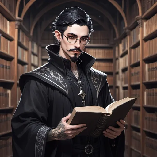 Prompt: Male Astral elf mage with black hair anime-style art, manga art style, gothic style art in a library  wearing glasses,  tattooed ears, pierced ears with a goatee,  black robes with white trim mustache, book and quill in hand. standing 

