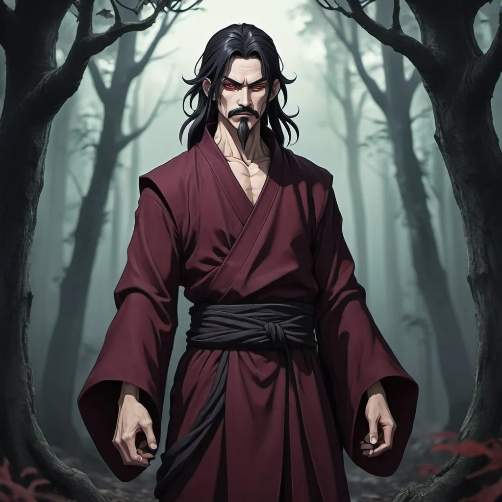 Prompt: Male  demon  monk with long black hair anime-style art, full body art  style , manga art style ,in a spooky forest ,black trimmed Bordeaux  monk clothing , with goatee and mustache

