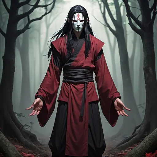 Prompt: Male , reborn,  monk with long black hair, anime-style art, full body art  style , manga art style, in a spooky forest , black trimmed Bordeaux  monk clothing, with red oni mask, spectral arms


