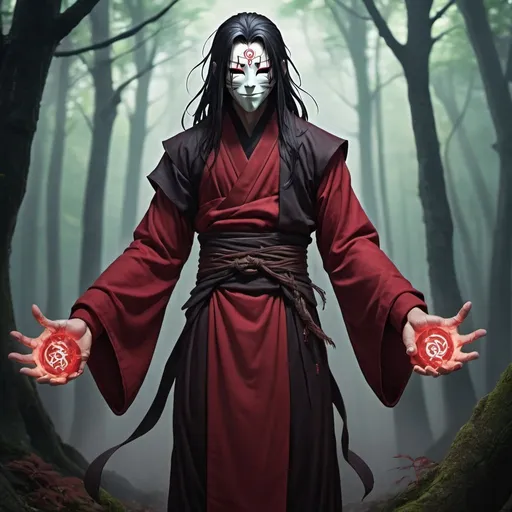 Prompt: Male, reborn, monk with long black hair, anime-style art, full body art style, manga art style, in a spooky forest, black trimmed Bordeaux monk clothing, wearing a red oni mask, with  ethereal arms ,spirit arms
