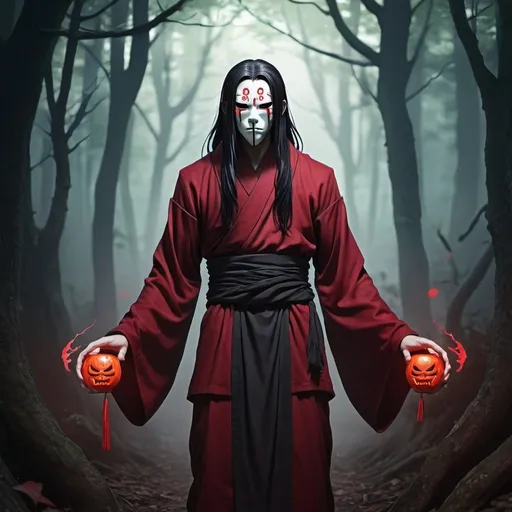 Prompt: Male, reborn, monk with long black hair, anime-style art, full body art style, manga art style, in a spooky forest, black trimmed Bordeaux monk clothing, wearing a red oni mask, with ghostly arms