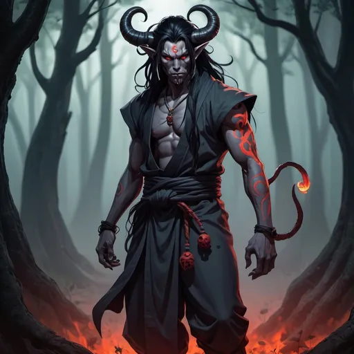 Prompt: Male  oni  tiefling demon  monk with long black hair anime-style art, full body art  style , manga art style in a in a spooky forest  