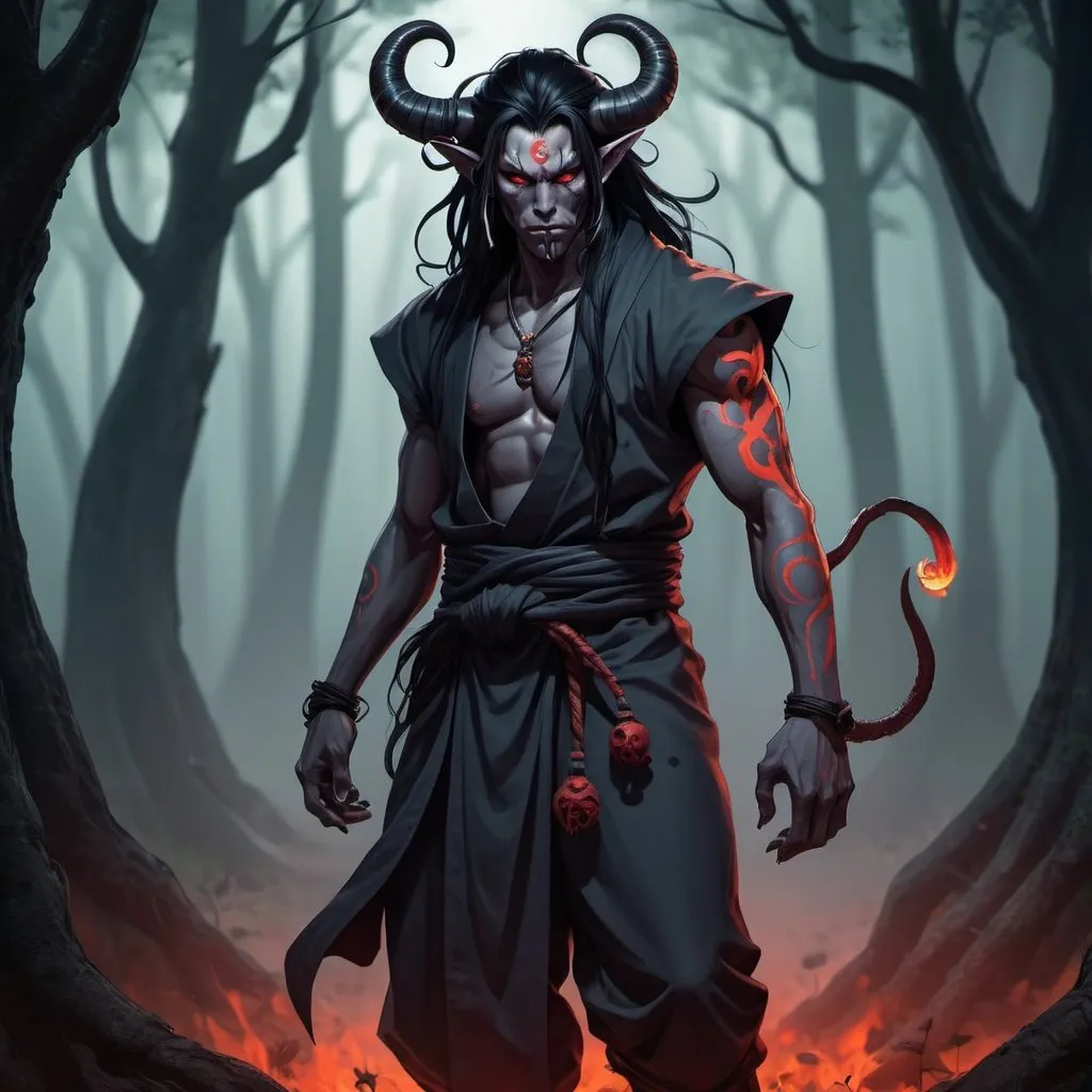 Prompt: Male  oni  tiefling demon  monk with long black hair anime-style art, full body art  style , manga art style in a in a spooky forest  