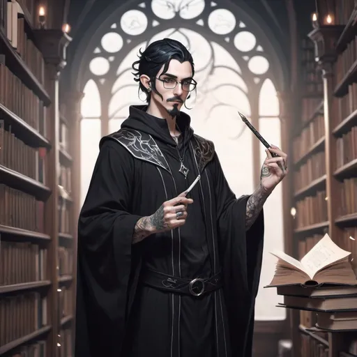 Prompt: Male Astral elf mage with elf ears with black hair anime-style art, manga art style, gothic style art in a library wearing glasses,  tattooed ears, pierced ears with a goatee,  black robes with white,  mustache, holding a quill in hand. standing 

