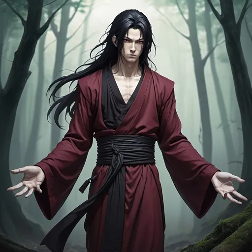 Prompt: Male, reborn, monk with long black hair, anime-style art, full body art style, manga art style, in a spooky forest, black trimmed Bordeaux monk clothing, , with  ethereal arms ,spirit arms
