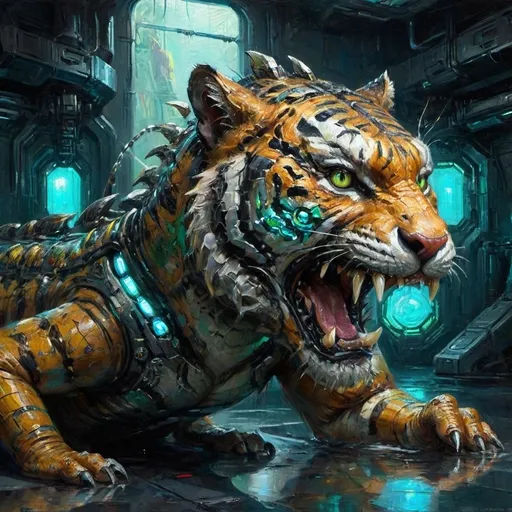 Prompt: A futuristic fusion between a tiger and a crocodile, featuring metallic scales, glowing cybernetic eyes, and biomechanical limbs, set in a high-tech, neon-lit environment. The creature should be muscular with sleek, angular lines, blending reptilian and feline features, emphasizing its power and agility --v 5 --ar 16:9 --q 2 --style sci-fi --hd