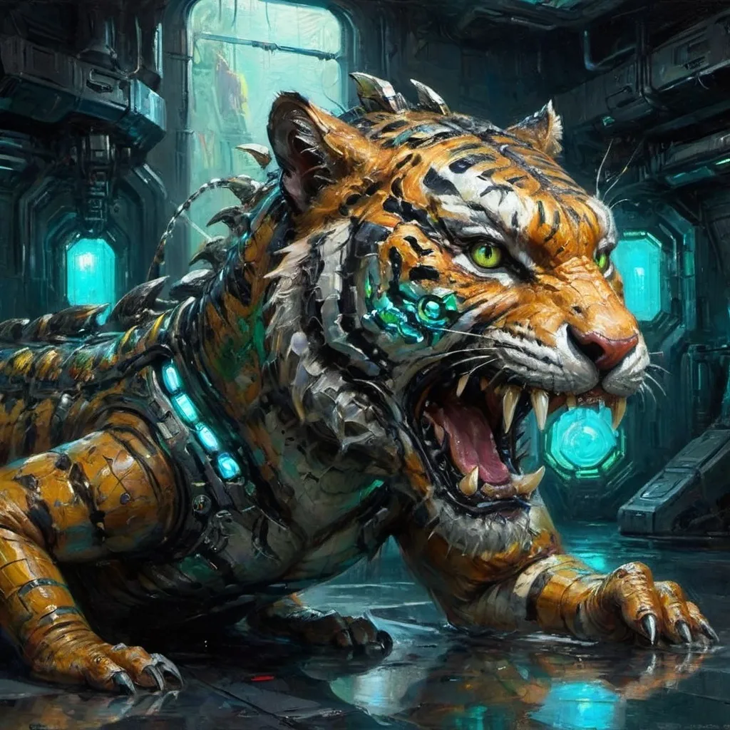 Prompt: A futuristic fusion between a tiger and a crocodile, featuring metallic scales, glowing cybernetic eyes, and biomechanical limbs, set in a high-tech, neon-lit environment. The creature should be muscular with sleek, angular lines, blending reptilian and feline features, emphasizing its power and agility --v 5 --ar 16:9 --q 2 --style sci-fi --hd