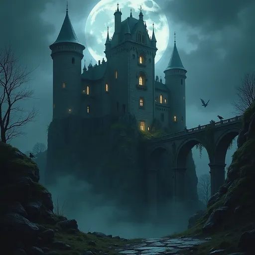 Prompt: Create a highly detailed, atmospheric digital painting of an abandoned medieval castle at night. The massive stone structure looms on a cliffside, silhouetted against a stormy, starless sky. Moonlight breaks through thick clouds, casting eerie silver beams on crumbling towers covered in ivy and cracked gargoyles. The windows are shattered, with faint ghostly glows flickering inside. A mist-shrouded forest surrounds the base, and a broken drawbridge leads to an overgrown, cobweb-covered courtyard. Include subtle details like fallen stones, rusted armor scattered on the ground, and crows perched on jagged battlements. Use a dark, moody palette of midnight blues, charcoal grays, and mossy greens, with sharp contrasts to emphasize the haunting, desolate ambiance, Blend realism with a touch of gothic fantasy, Mood: Mysterious, foreboding, and eerily tranquil.