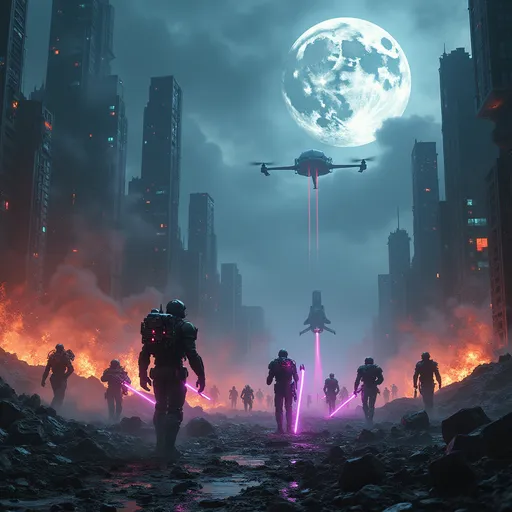 Prompt: Create an ultra-detailed, cinematic 4K desktop wallpaper depicting a futuristic war scenario. The scene features a sprawling, neon-lit battlefield in a post-apocalyptic megacity. Show towering, crumbling skyscrapers engulfed in smoke, with hovering drone swarms and mech warriors clashing in mid-air. In the foreground, a squad of cybernetic soldiers in glowing exosuits advances through debris, their plasma rifles emitting vibrant energy trails. Above, a fractured moon looms, casting an eerie glow over the chaos. Include holographic tactical interfaces floating in the air, laser artillery fire, and a massive warship descending from stormy clouds. Use a dark, high-contrast palette with neon accents (electric blue, crimson, and toxic green) and cinematic lighting to emphasize drama and scale. Render in a hyper-realistic style with gritty textures and dynamic perspective, Blend elements from Blade Runner 2049 and Warhammer 40k.