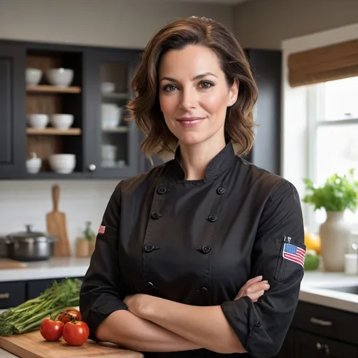 Prompt: This portrait of a confident 36-year-old brown-haired American woman in a modern kitchen paints a vivid picture of professionalism and warmth. Dressed in a chic black chef’s coat with rolled-up sleeves, she exudes dignity and friendliness, perfect for interacting with her audience. Her sleek hairstyle complements her stylish yet businesslike look, and her warm expression conveys her passion for her craft and love for sharing her culinary creations. The surrounding kitchen elements—fresh utensils, ingredients, and a well-stocked countertop—enhance the inviting atmosphere, making it a recognizable and inspiring scene for anyone interested in cooking.