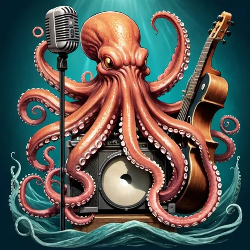 Prompt: common kraken with seven tentacles holding a microphone and musical instruments