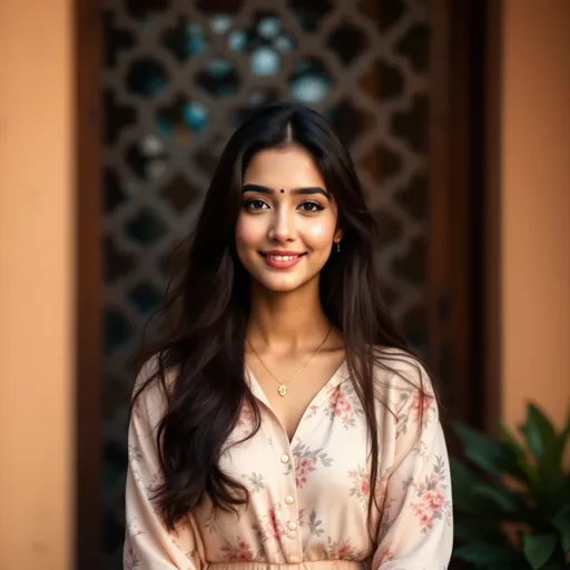 Prompt: A young woman stands confidently in a softly lit setting, her long, flowing hair framing a gentle smile accentuated by a delicate necklace. She wears a soft, floral-patterned blouse that conveys a sense of elegance and serenity, with a subtle hint of traditional flair, evident in the small decorative mark on her forehead. Behind her, a unique architectural backdrop of a lattice design, adorned with intersecting patterns, adds a visual depth and artistic touch to the scene. The warm tones of the environment, coupled with a slightly muted color palette, evoke a feeling of tranquility and introspection, inviting viewers to share in her moment of calm amid a lively urban backdrop.