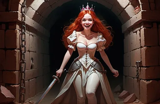 Prompt: Happy red-headed princess in a dungeon while her servant walks into a pit trap 