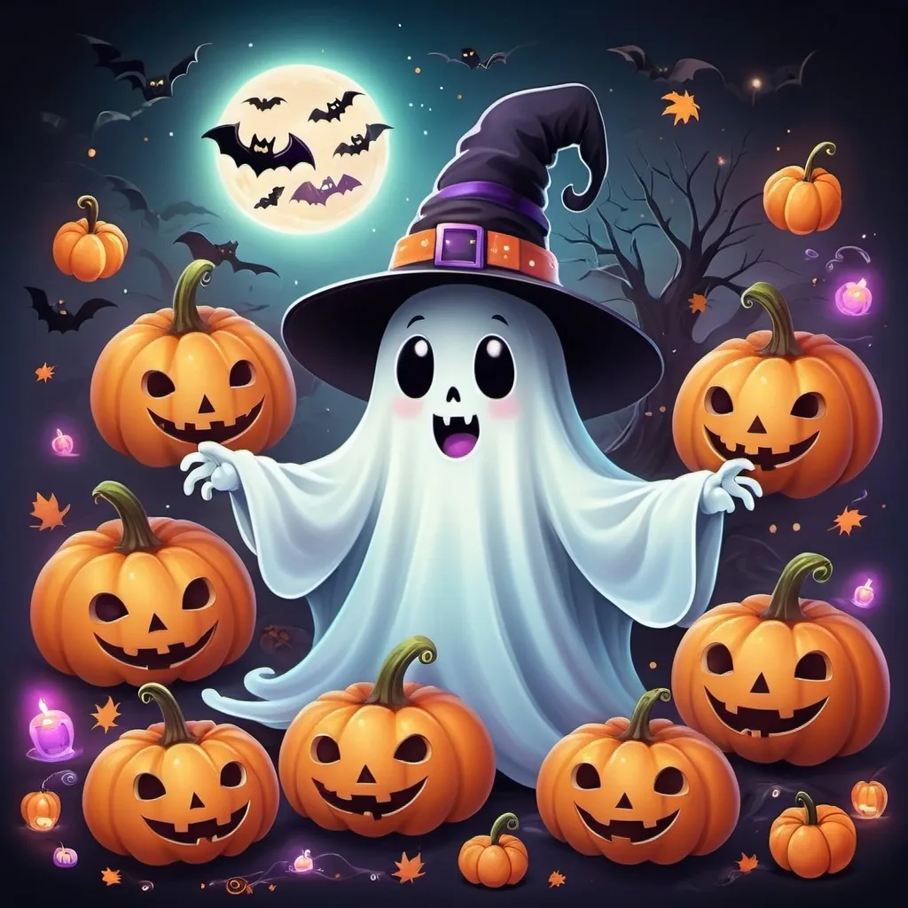 Prompt: Create a cute ghost wearing hats for Halloween 