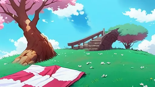 Prompt: (picturesque scene of two islands connected by a bridge), (serene sky islands high above), (fluffy clouds drifting by), a vibrant picnic setting with a checkered blanket, (delicate sakura tree in bloom), gentle sunlight casting soft shadows, lush green grass, (reflective water surrounding the islands), dreamy atmosphere, ultra-detailed, 4K quality, enchanting backdrop of sky islands in the distance, inviting and joyful ambiance.