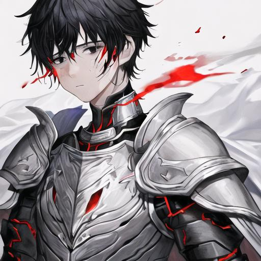 Prompt: grown child white man, black hair, black eyes, gray chestplate, red smoke coming out through the gaps in the armor, white cape on the back, neck partially covered by the armor