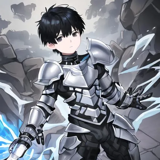 Prompt: adult child, white man, short black hair, black eyes, large gray armor, small blue thunderbolts, neck partially covered by armor