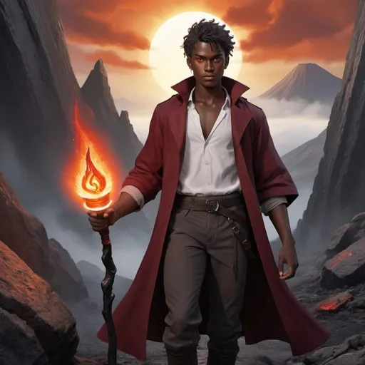 Prompt: A young man, around 17 years old, in a volcanic fantasy setting. He has dark brown skin, almost black, with flecks of red and white that resemble ashes in it. His hair is maroon, and falls halfway down his head. He has yellow eyes and a handsome face. He is on the short side, lean, muscular. He wears a dark maroon trenchcoat and a simple grey and orange outfit underneath. In his right hand he holds a large torch with a bright red flame. The torch has runes carved into it and glows with a magical light. He is walking down a rough rocky trail, and the sun is setting behind him. 