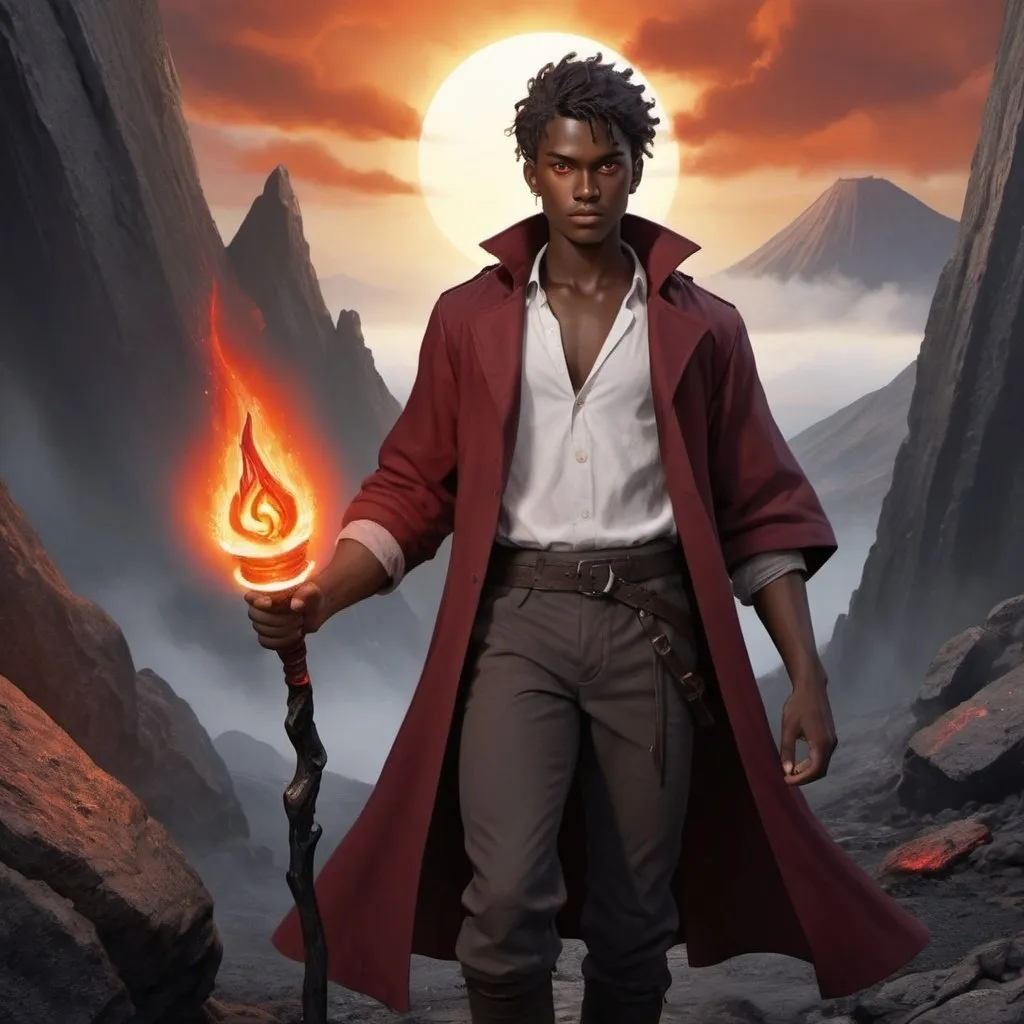 Prompt: A young man, around 17 years old, in a volcanic fantasy setting. He has dark brown skin, almost black, with flecks of red and white that resemble ashes in it. His hair is maroon, and falls halfway down his head. He has yellow eyes and a handsome face. He is on the short side, lean, muscular. He wears a dark maroon trenchcoat and a simple grey and orange outfit underneath. In his right hand he holds a large torch with a bright red flame. The torch has runes carved into it and glows with a magical light. He is walking down a rough rocky trail, and the sun is setting behind him. 