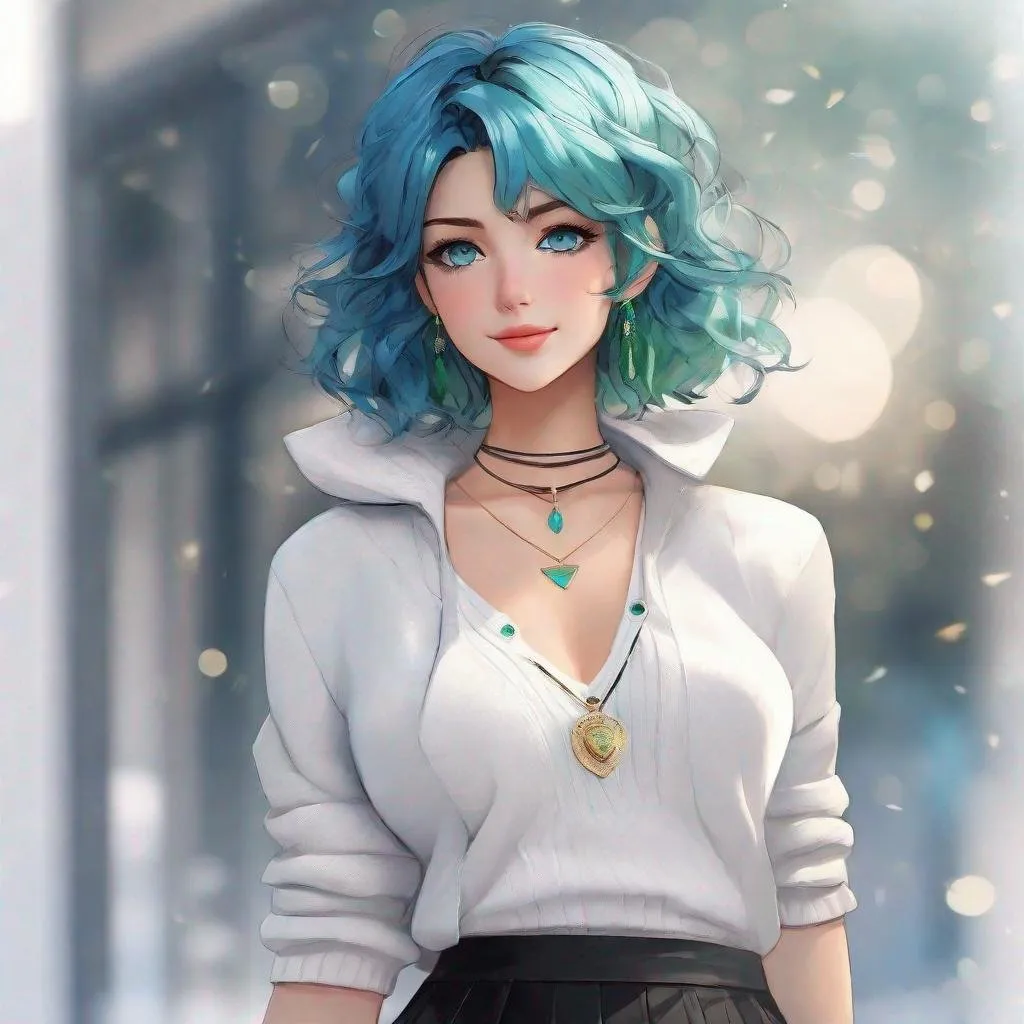 Prompt: Standing. Realistic manga. Perspective effect. French woman with rock style. Short wavy soft intense blue hair with tousled black highlights. Slender triangular face. Freckles. Bright blue-green eyes. Smile, shiny lips. Medallion necklace, silver earrings, White wool sweater with plunging neckline, pleated mini-skirt, black stockings, white sneakers, masterpiece, 16k RAW, HDR, Award Winning Work 