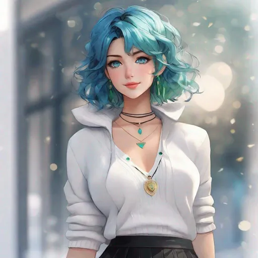 Prompt: Standing. Realistic manga. Perspective effect. French woman with rock style. Short wavy soft intense blue hair with tousled black highlights. Slender triangular face. Freckles. Bright blue-green eyes. Smile, shiny lips. Medallion necklace, silver earrings, White wool sweater with plunging neckline, pleated mini-skirt, black stockings, white sneakers, masterpiece, 16k RAW, HDR, Award Winning Work 