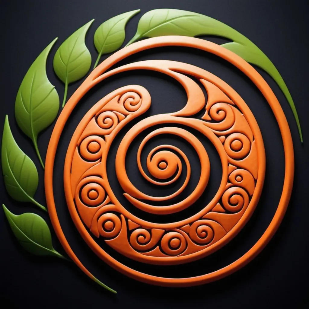 Prompt: I want to create a logo that represents a stylized spiral leaf. Inside this leaf, symbols of three clans from the anime 'Naruto' should be combined: the Hyuga eye, the Yuuichi sign, and the Uzumaki swirl. The Hyuga eye should be blue, the Yuuichi sign - green or purple, and the Uzumaki swirl - orange. The logo should look aesthetically pleasing and easily recognizable, conveying the characteristics of each clan