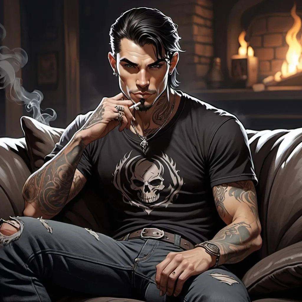 Prompt: Dungeons and Dragons character style art, 1male, late early twenties, dark hair, grey eyes, sharp jawline, wide chin, lean build with muscles, tattoos, piercings, black jeans with rips at the knees, black graphic t-shirt, lounging on couch with smoke around him, smoking,