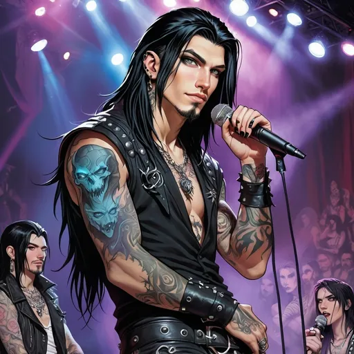 Prompt: Dungeons and dragons charater style art, 1male, long black hair, tattoos and facial piercings, stubble, punk outfit, black painted nails, holding microphone, on stage, looking at viewer, stage lights lighting,