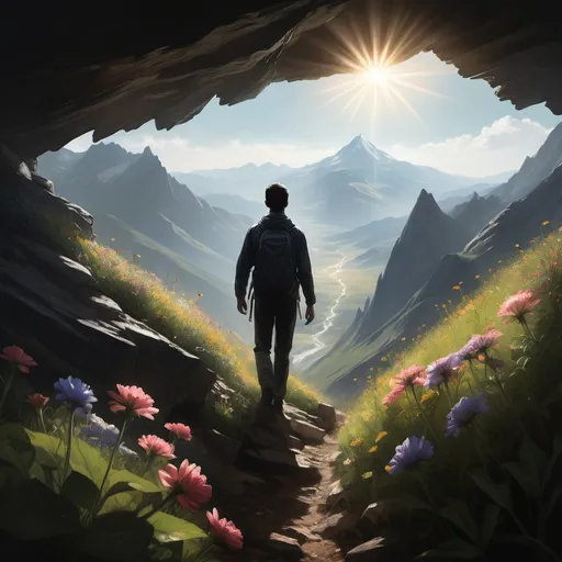 Prompt: "A person emerges from the mountain, with the scene viewed from behind them. A beam of sunlight shines directly onto the person, highlighting their silhouette against the rugged terrain. In the scene, nature and flowers growing outside the mountain are visible, adding a touch of vitality and natural beauty to the realistic and dramatic image."