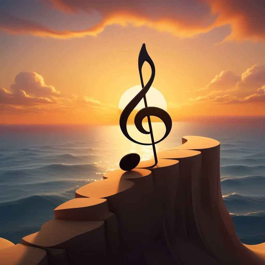 Prompt: adventure in the form of music. so a music note riding off into the sunset

