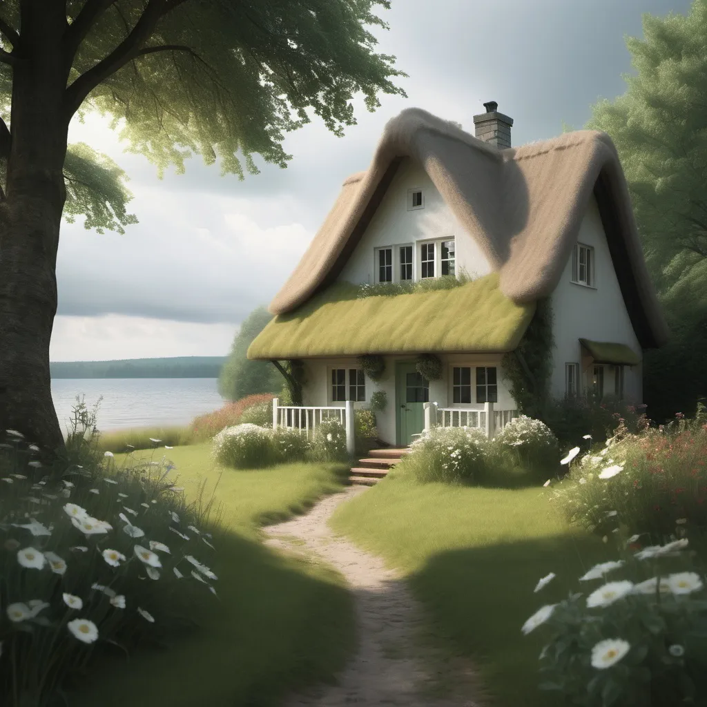 Prompt: a day with no sun but dreams are coming out of a cottage

