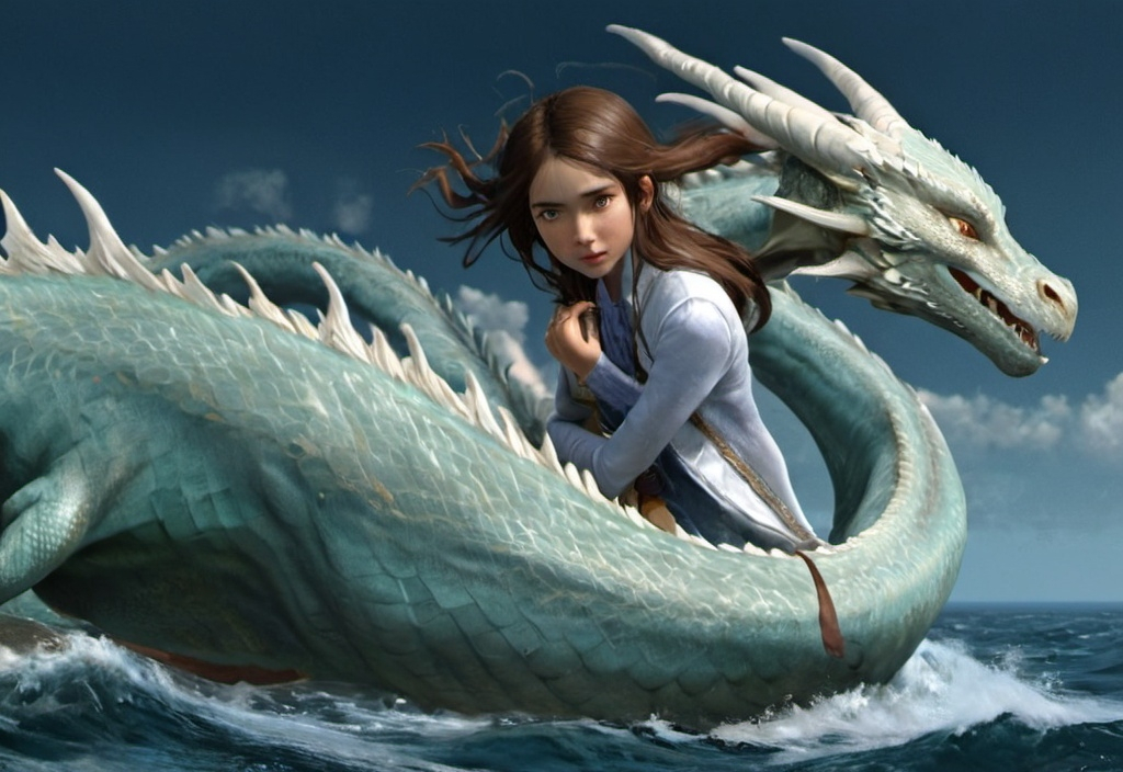 Prompt: a girl riding a dragon above the ocean. she has brown, long hair. the dragon is huge and white. the girl is looking into the water and beyond. in the ocean water are modest myriads by the hundreds. the image is realistic 