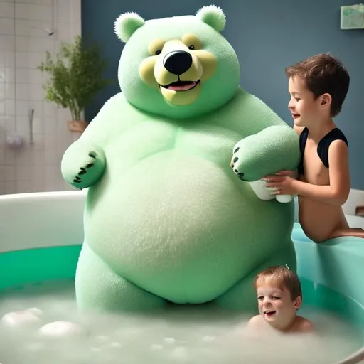 Prompt: green fat bear on two legs having a bubble bath with little kids with him