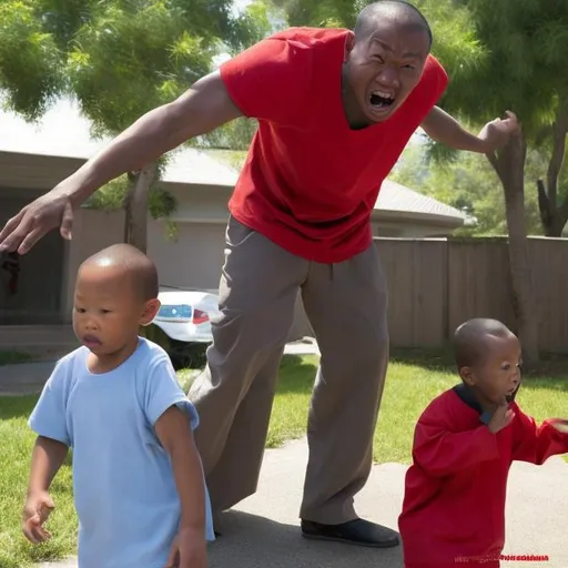 Prompt: black chineese man scaring white kids