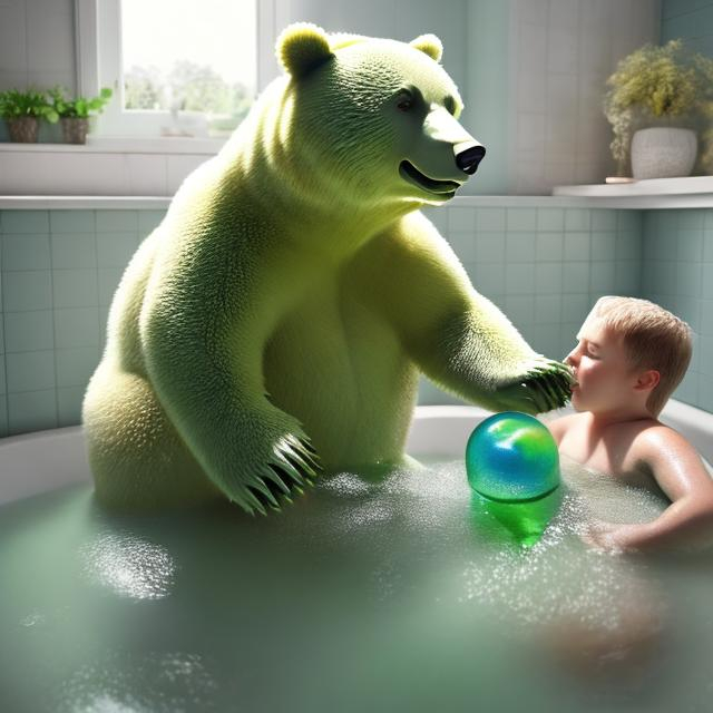 Prompt: green fat bear on two legs having a bubble bath with little kids with him