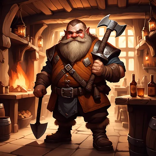 Prompt: dwarf character holding an axe in a tavern , fantasy character art, illustration, dnd, warm tone