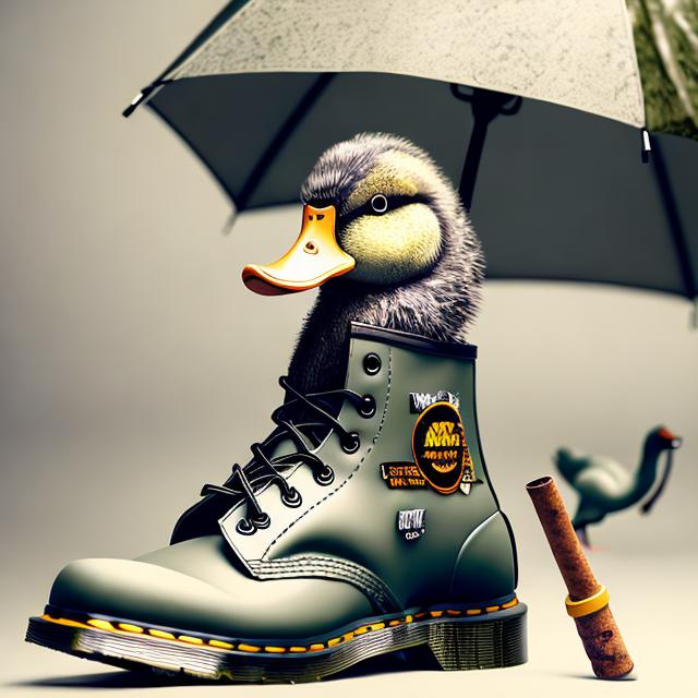 Prompt: Realistic illustration of a duck in Doc Martens, holding an umbrella and smoking a joint, detailed feathers and beak, best quality, high res, ultra-detailed, realism, detailed textures, detailed lighting, duck wearing shoes, smoking accessory, detailed cannabis umbrella, professional, atmospheric lighting