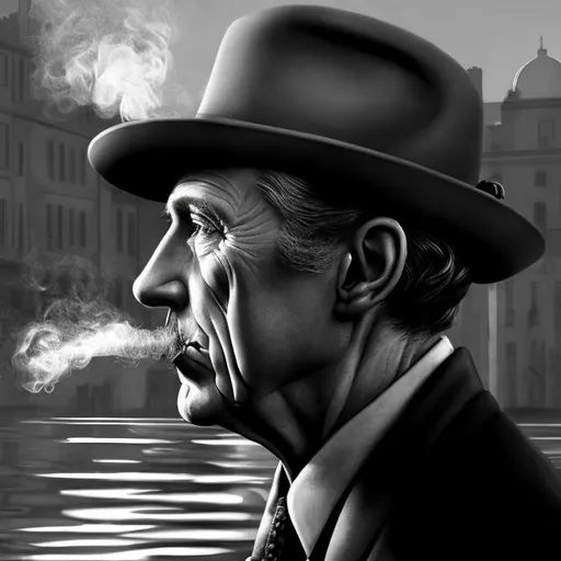 Prompt: Photorealistic sideview shadow of a mid 40's gentleman in an Irish hat smoking a joint, reflecting off water, detailed facial features, realistic lighting, high quality, photorealism, Irish hat, smoking, joint, water reflection, detailed facial features, realistic lighting, professional, highres, ultra-detailed from a distance