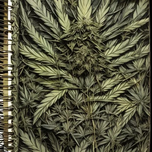 Prompt: Chronicles / pages viewed draped in cannabis, cannabis leaves, ancient scrolls, mysterious lighting, high-res, detailed, cannabis art, historical, atmospheric lighting, chronicles notebooks