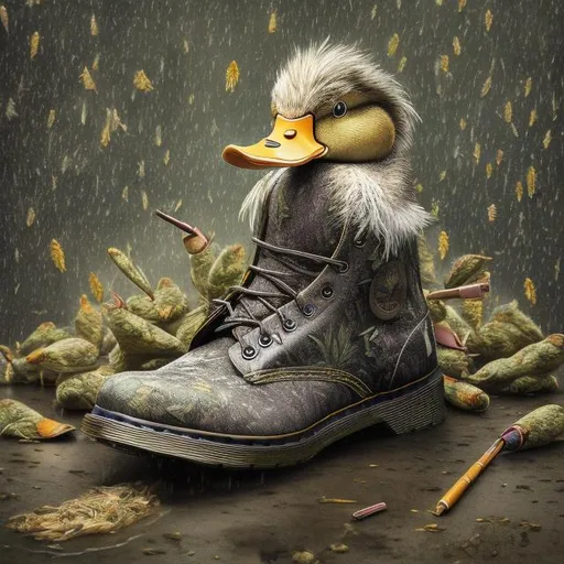 Prompt: Realistic illustration of a duck in Doc Martens,  smoking joint, detailed cannabis feathers and beak, best quality, high res, ultra-detailed, realism, detailed textures, detailed lighting, duck wearing shoes, smoking a cannabis joint, detailed cannabis umbrella, professional, atmospheric lighting raining cannabis