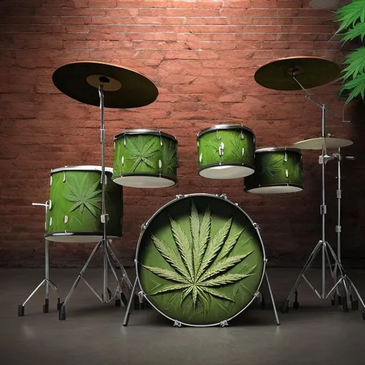 Prompt: Drums draped in cannabis like ivy growing, realistic, detailed textures, professional, high quality, photorealism, brick wall background, urban, spotlight lighting, modern, cannabis-themed, earthy tones