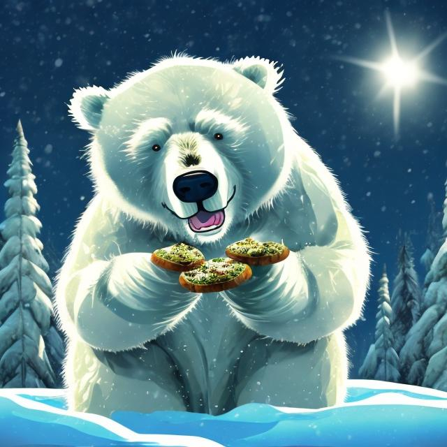 Prompt: Realistic cannabis depiction of a stoned polar bear, smoking a FAT JOINT, snowy setting, polar bear eating cookies, snow-cannabis covered landscape, detailed fur texture, realistic lighting, cartoon style, snowy, clock showing midnight on December 31st, quality cartoon drawing