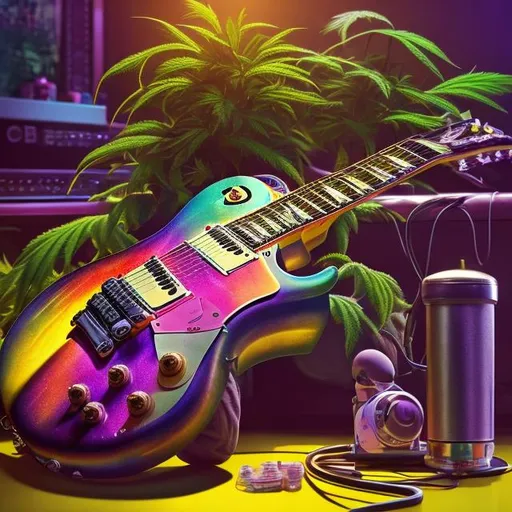 Prompt: Close-up realistic rendering of a Les Paul guitar, colorful cannabis plants growing from the guitar body, stoner earphones draped around the neck, shiny metallic microphone on the floor, lit joint in the ashtray, high-quality, realistic style, detailed cannabis plants, close-up composition, vibrant colors, professional lighting