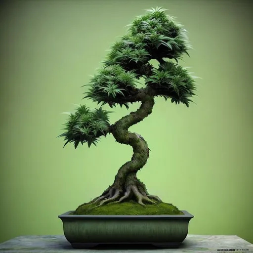 Prompt: Photorealistic cannabis bonsai tree, intricate high-res details, realistic lighting and shadows, high quality, photorealism, botanical art, natural colors, detailed foliage, realistic textures, birght lighting, professional, high resolution, realistic art, detailed branches and leaves, realistic pot, lifelike plant, indoor setting, realistic soil and moss, vibrant green tones, artistic representation, botanical realism