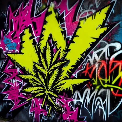 Prompt: Punk rock cannabis leaf, graffiti art style, vibrant and bold colors, edgy and rebellious, high-quality, urban street art, intense and dramatic lighting, detailed texture, expressive and dynamic, graffiti, urban, rebellious, vibrant colors, high-quality, dramatic lighting, edgy design