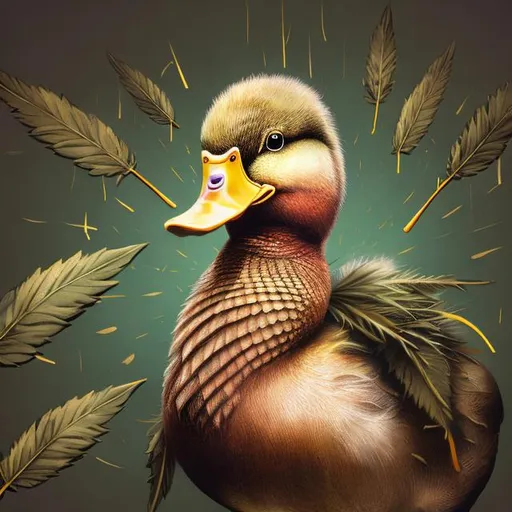 Prompt: Realistic illustration of a duck in Doc Martens,  smoking joint, detailed cannabis feathers and beak, best quality, high res, ultra-detailed, realism, detailed textures, detailed lighting, duck wearing shoes, smoking a cannabis joint, detailed cannabis umbrella, professional, atmospheric lighting raining cannabis