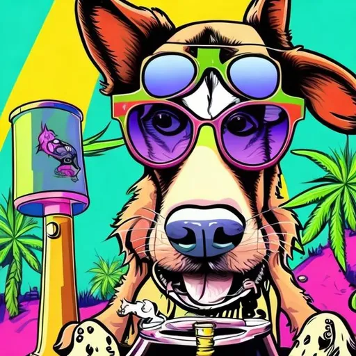 Prompt: Cartoon dog smoking bong, stoned wearing sunglasses, vibrant colors, high quality, cartoon style, exaggerated  cannabis features