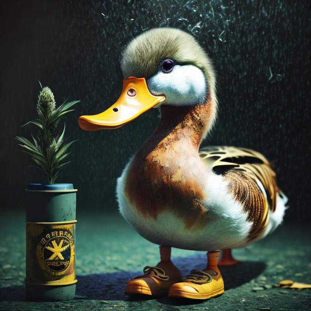 Prompt: Realistic illustration of a duck in Doc Martens,  smoking joint, detailed cannabis feathers and beak, best quality, high res, ultra-detailed, realism, detailed textures, detailed lighting, duck wearing shoes, smoking a cannabis joint, detailed cannabis umbrella, professional, atmospheric lighting raining cannabis